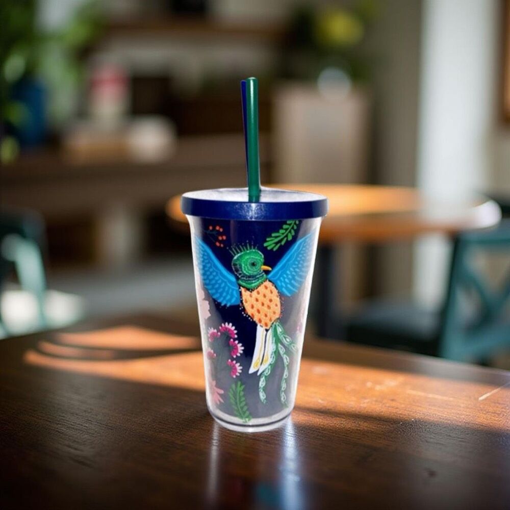 Starbucks Bird of Paradise Quetzal Blue Floral Cold Cup Tumbler 16 oz